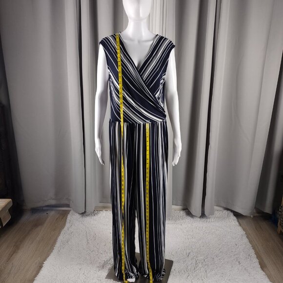 Emma & Michele Blue White Stripe Jersey V Neck Wide Leg Jumpsuit Size Large - Picture 6 of 14